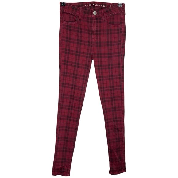 American Eagle Jegging Womens 2 (27x29) Hi Rise Red Plaid Jeans Pants Stretch - Picture 1 of 12
